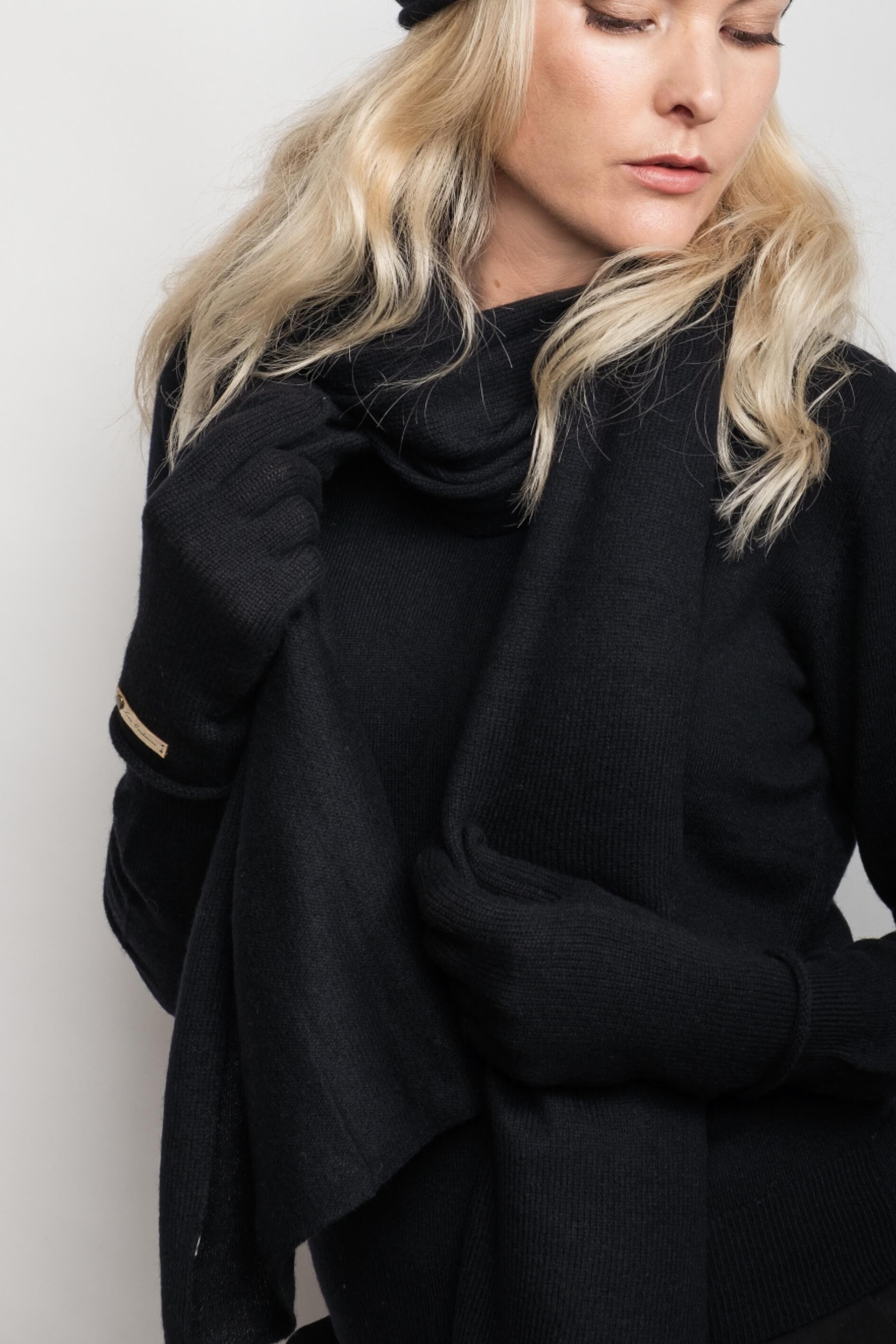 Woman in black coat and scarf wearing black cashmere gloves – Love Cashmere NZ