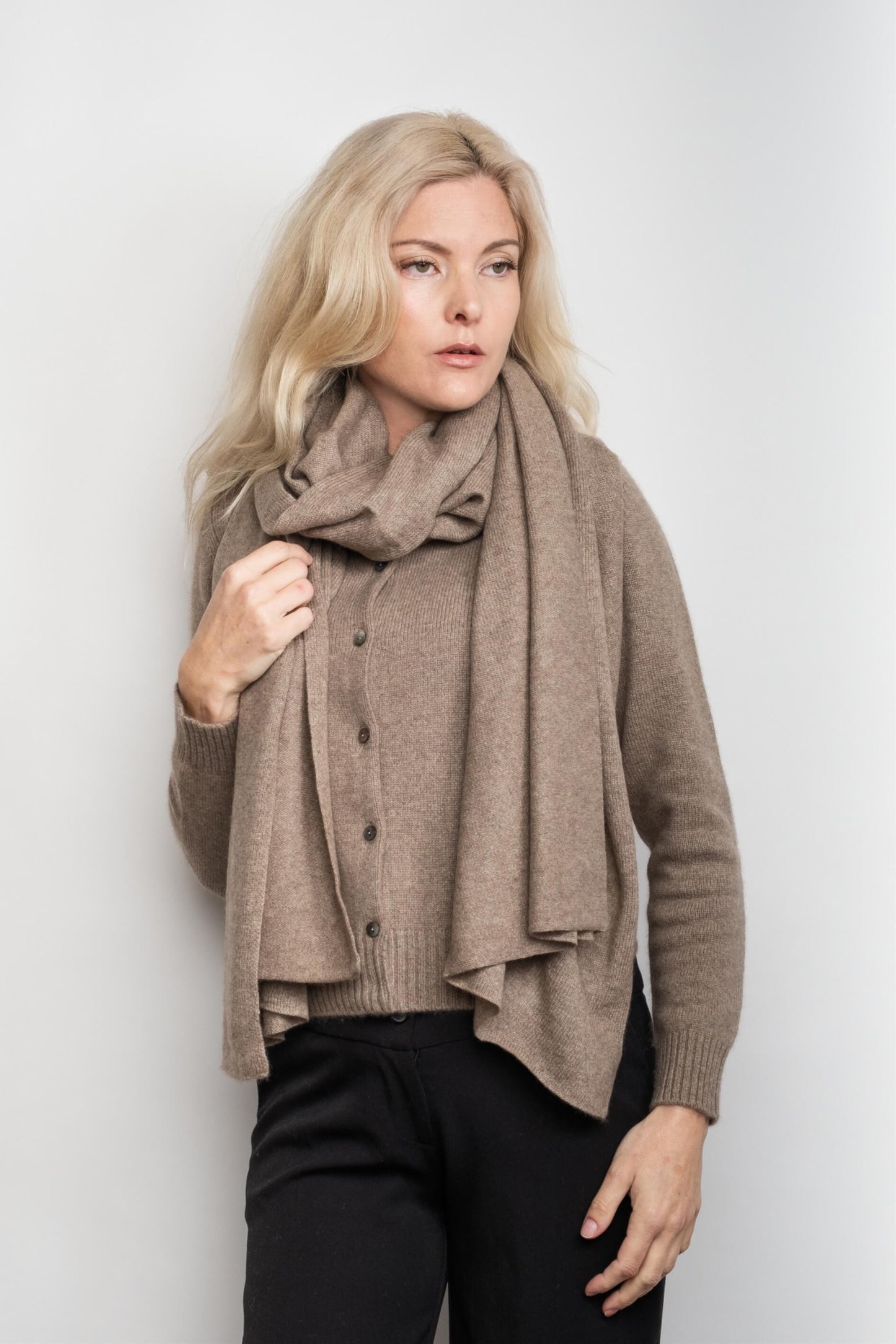 Model wearing chestnut cashmere wrap styled as a scarf – Love Cashmere NZ