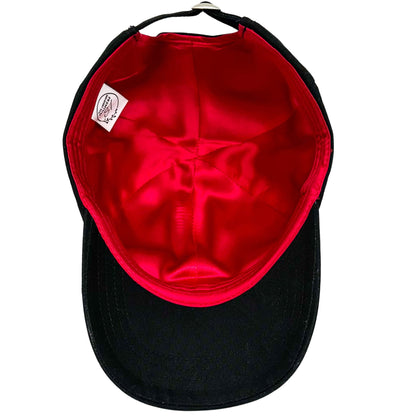 Black baseball cap underside showing red mulberry silk lining – LS Silk NZ