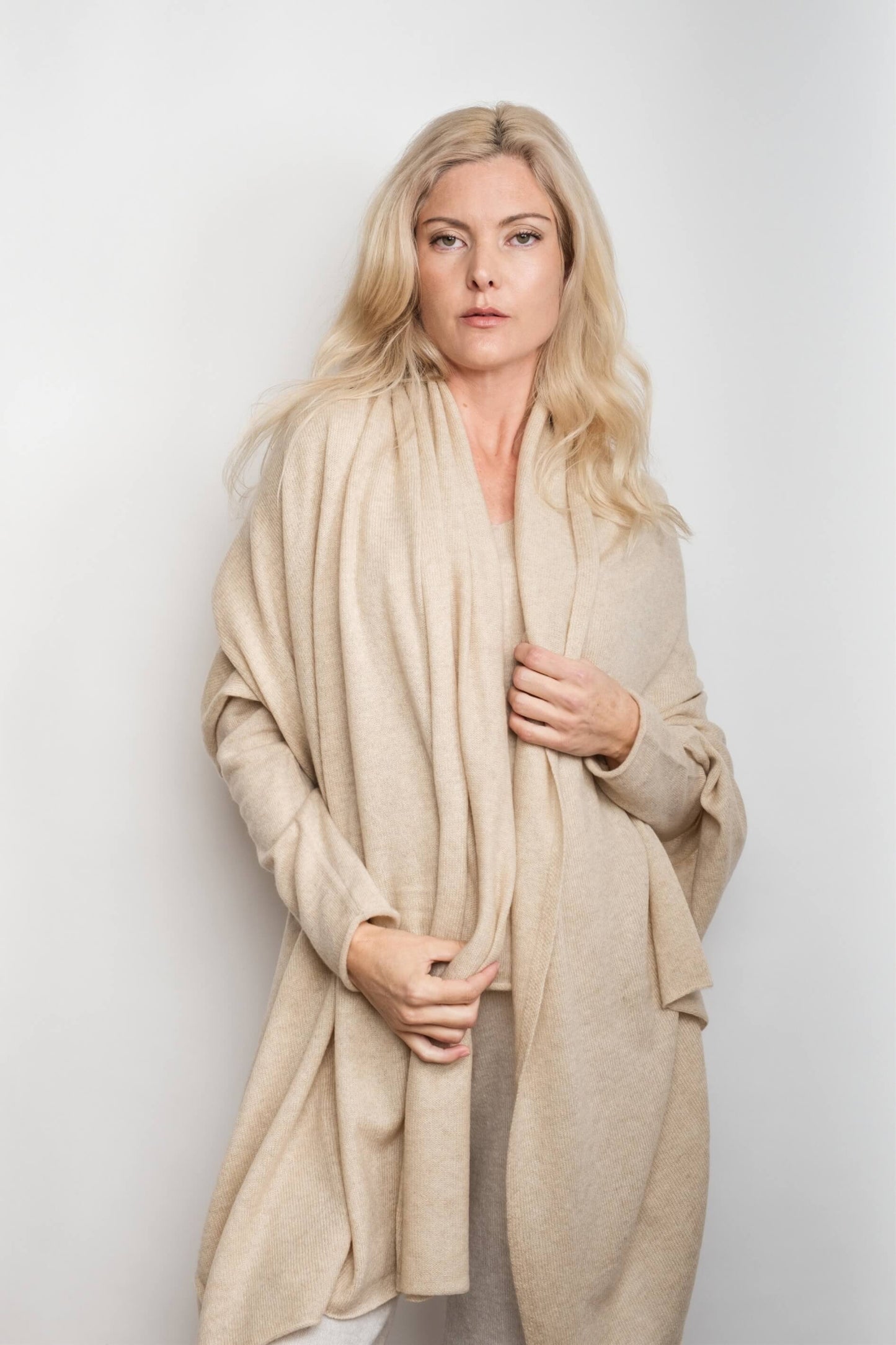 Woman with beige cashmere wrap hanging open – Love Cashmere NZ