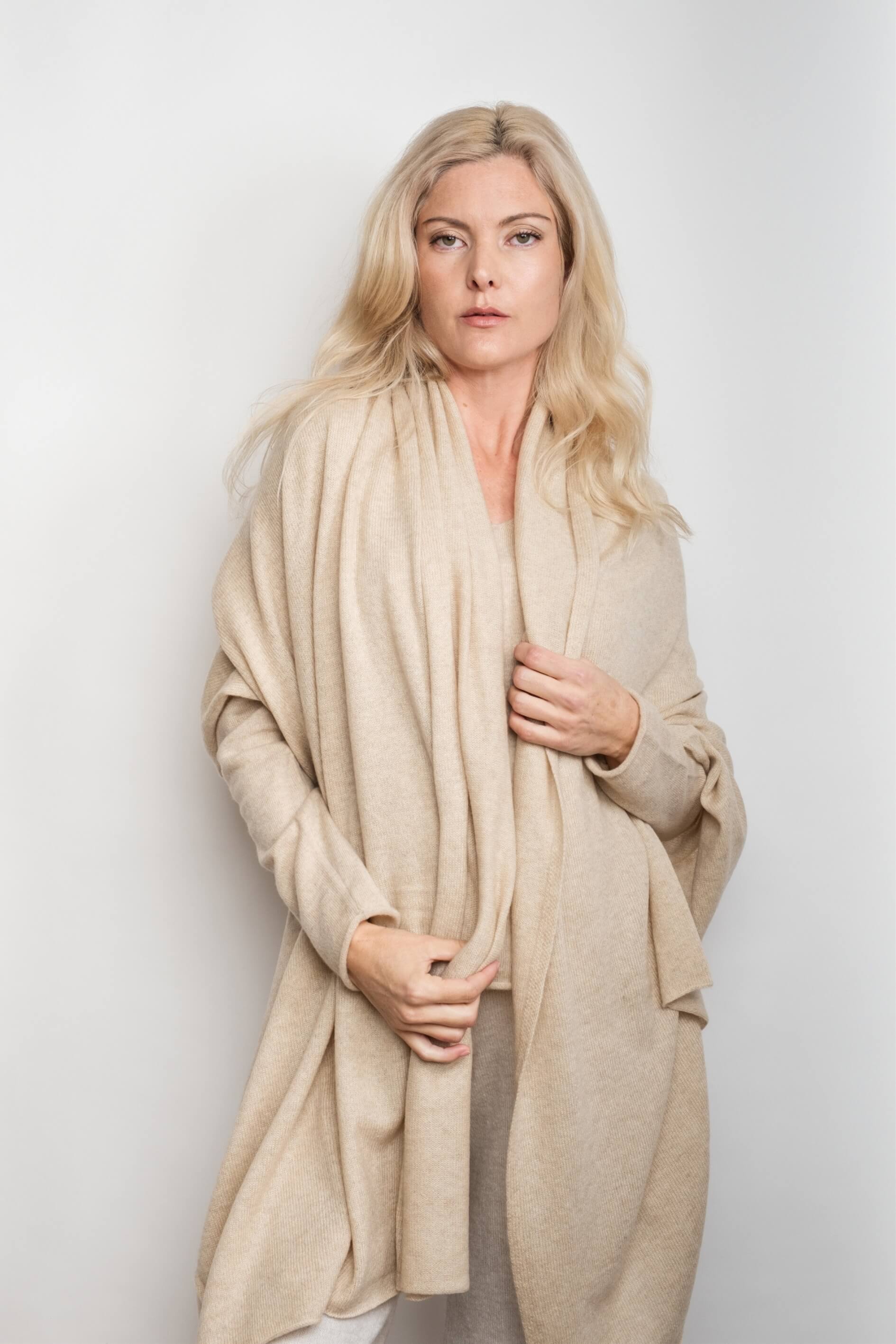 Woman with beige cashmere wrap hanging open – Love Cashmere NZ