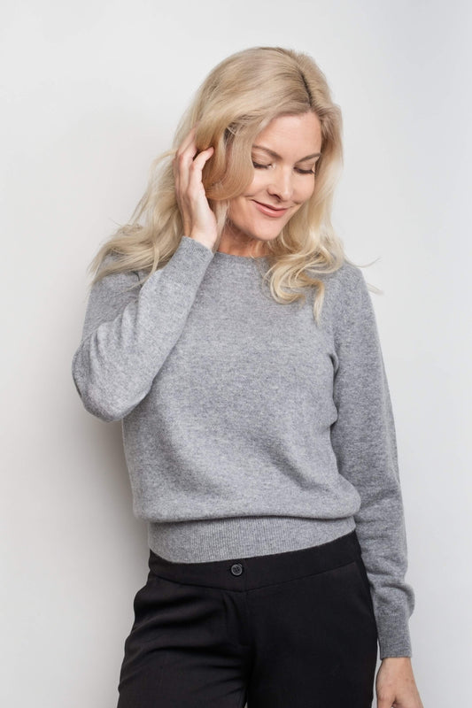 Woman wearing grey ribbed pure cashmere crewneck sweater – Love Cashmere NZ