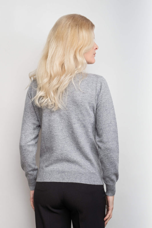 Back view of grey ribbed cashmere crewneck sweater – Love Cashmere NZ