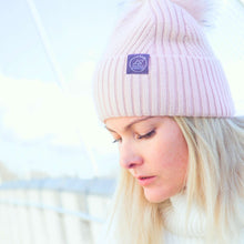 Load image into Gallery viewer, Mulberry Silk-Lined Slim Ribbed Beanie – Cashmere Blend with Removable Pom Pom - Pink
