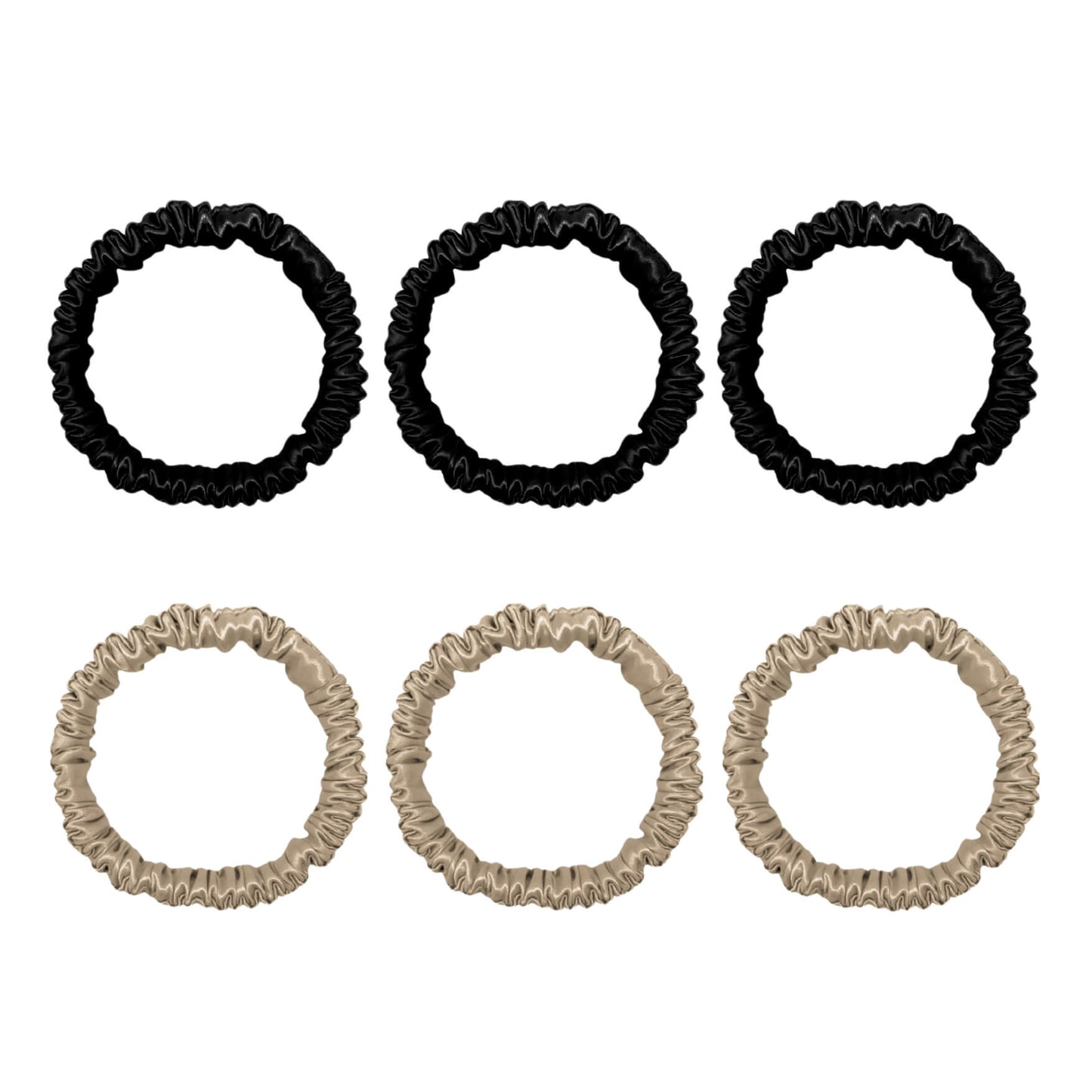 Six mini silk scrunchies in black and champagne – LS Silk NZ