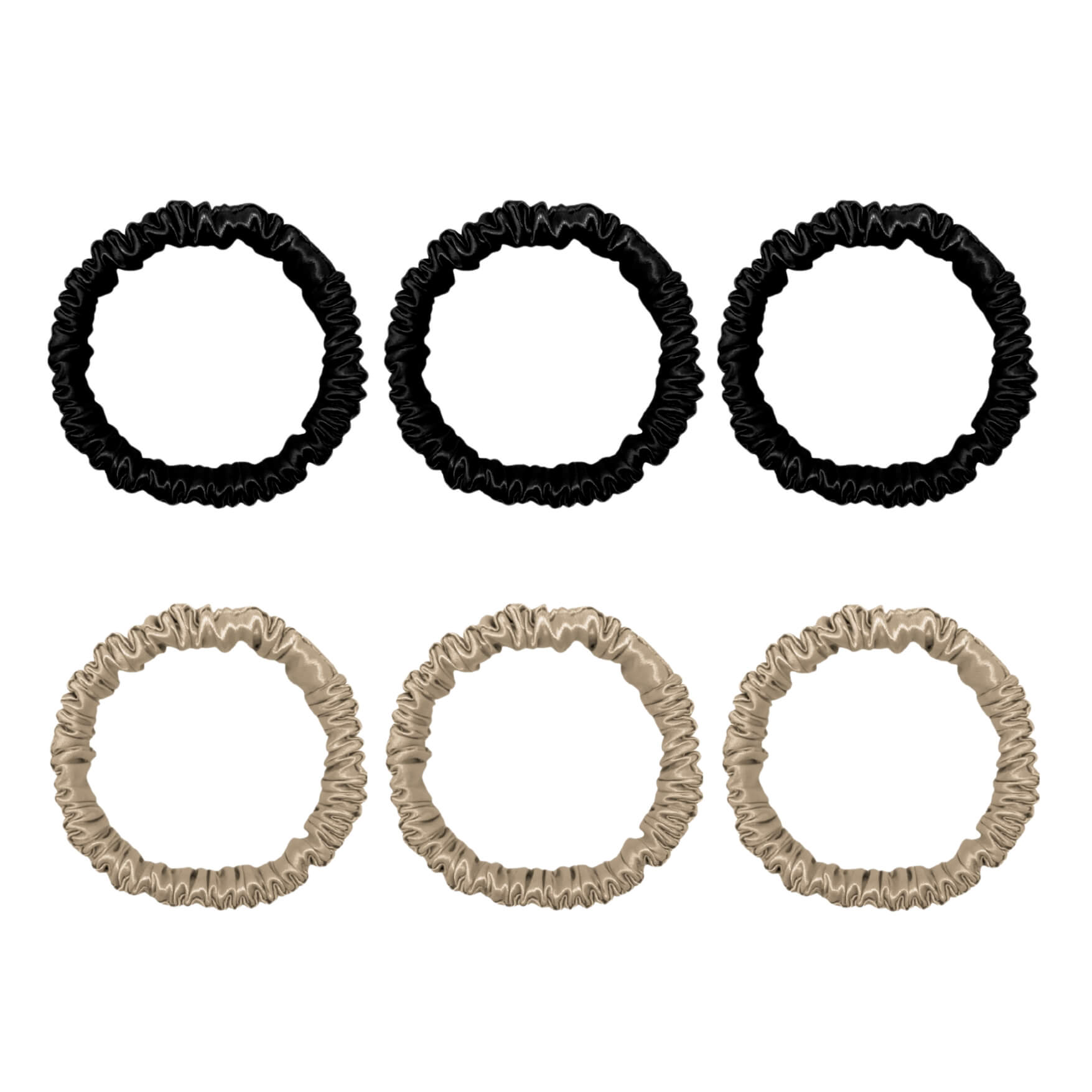 Six mini silk scrunchies in black and champagne – LS Silk NZ