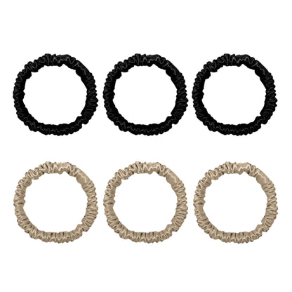 Six mini silk scrunchies in black and champagne – LS Silk NZ