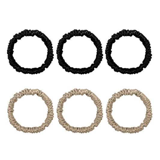 Six mini silk scrunchies in black and champagne – LS Silk NZ