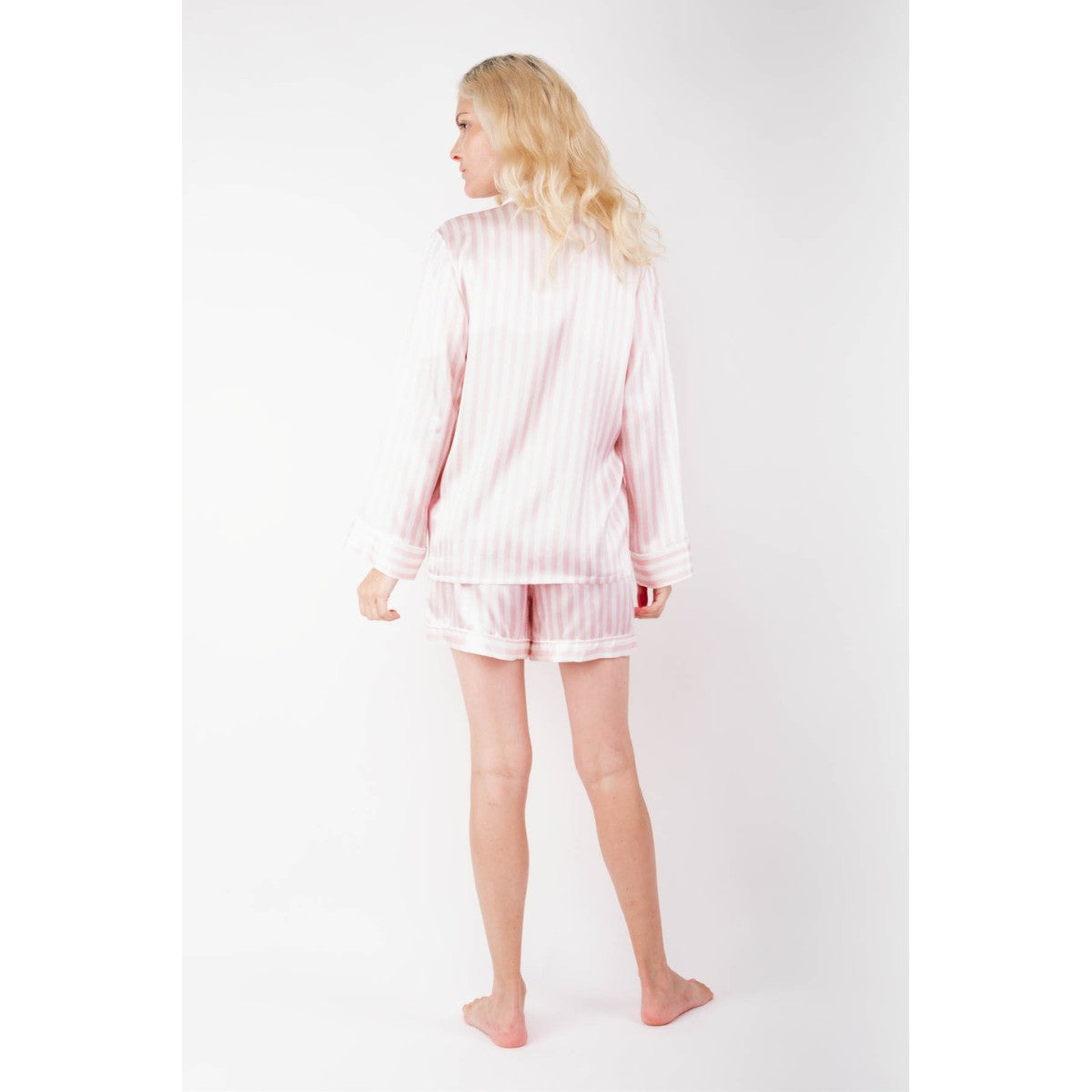 Back view of pink striped silk pyjama set – LS Silk NZ