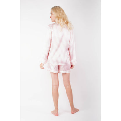 Back view of pink striped silk pyjama set – LS Silk NZ
