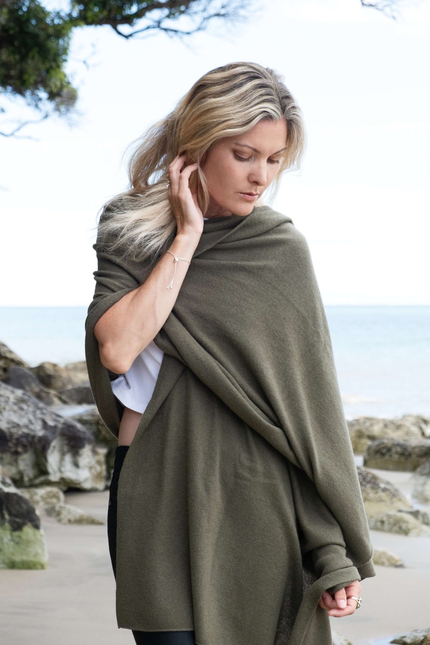 Versatile Pure Cashmere Wrap & Scarf - Olive