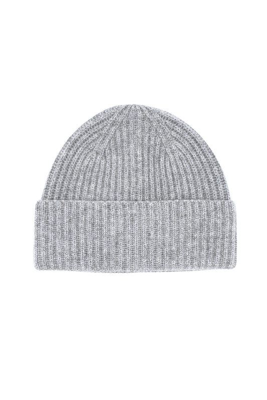 Grey ribbed pure cashmere unisex beanie, flat product view – Love Cashmere NZ