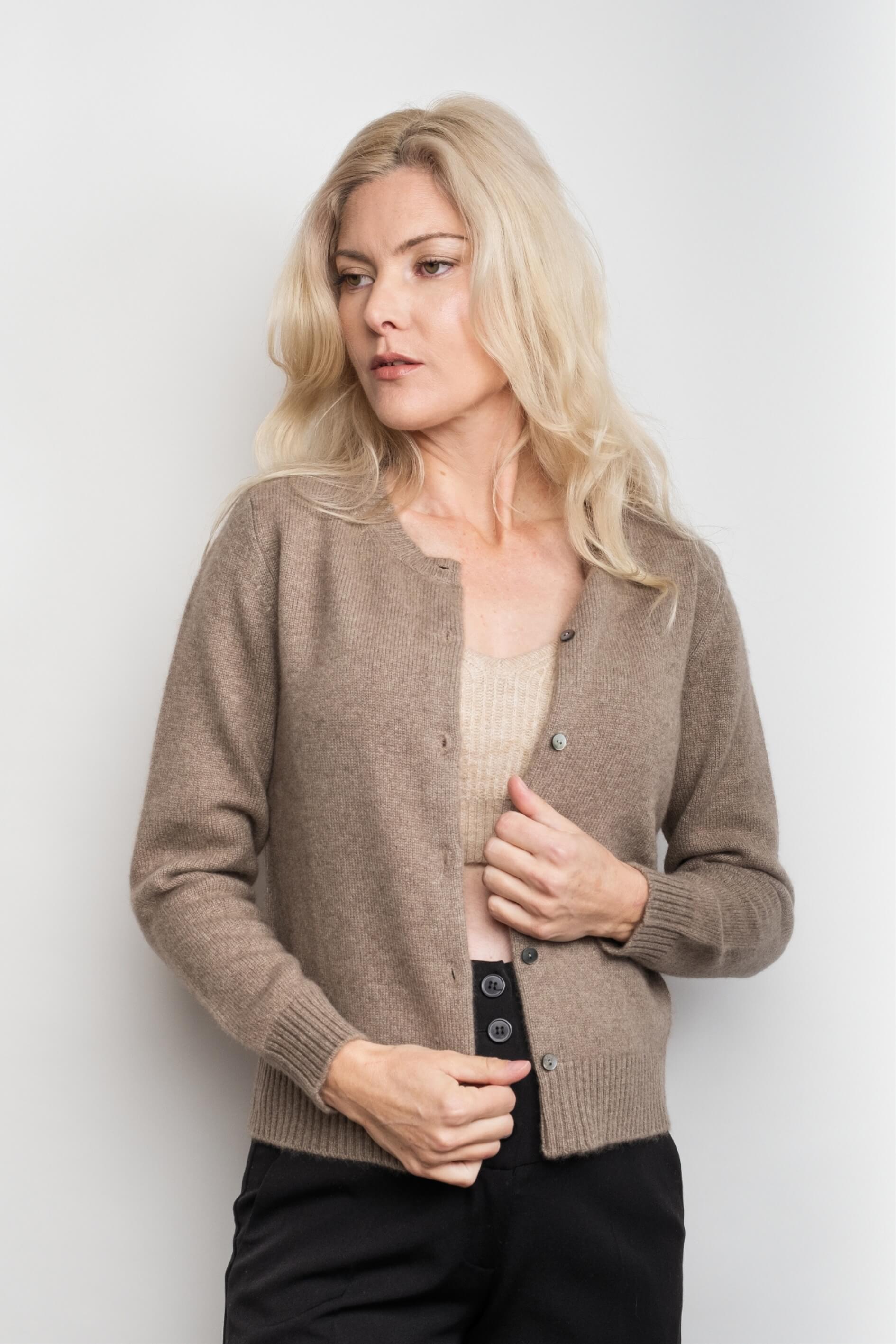 Woman wearing chestnut cashmere cardigan open over camisole – Love Cashmere NZ