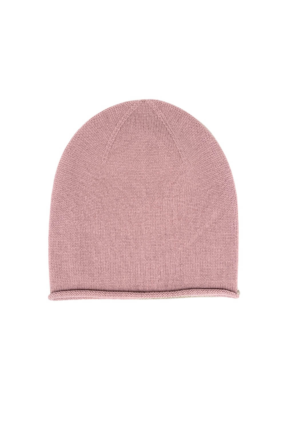 Dusty rose pure cashmere roll-edge beanie, flat product view – Love Cashmere NZ