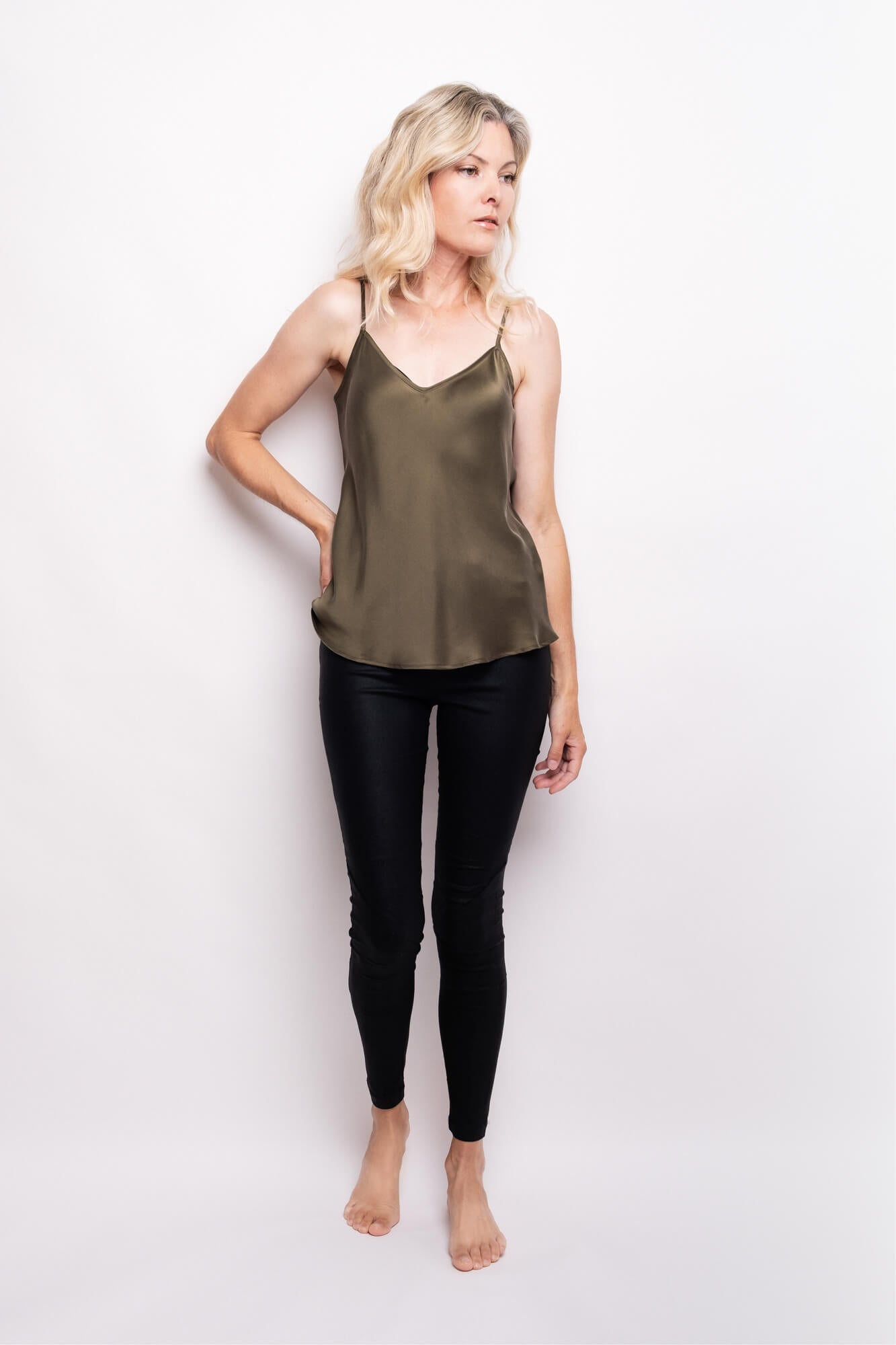 Model in pine green silk camisole, studio view – LS Silk NZ