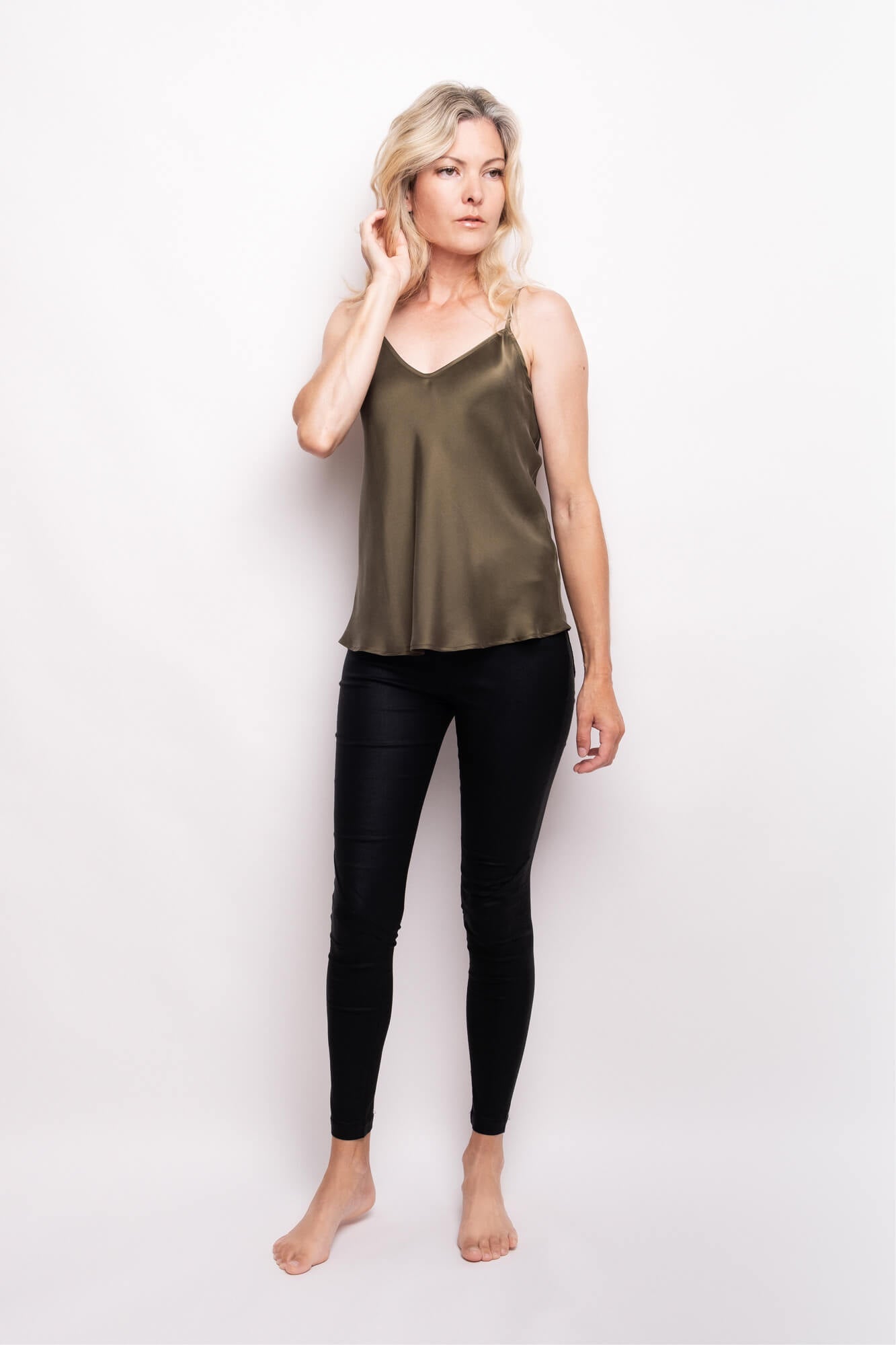 Front view of pine green silk camisole with V neckline – LS Silk NZ
