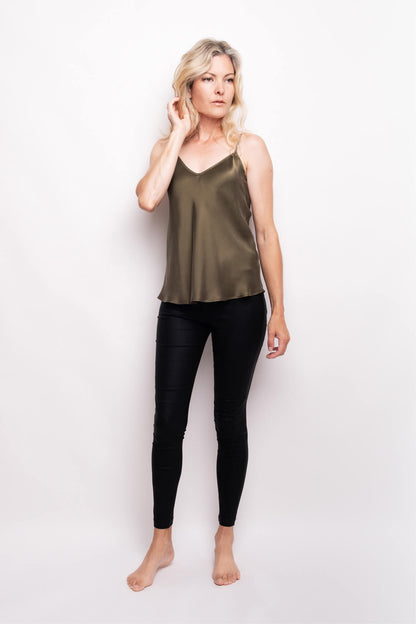 Front view of pine green silk camisole with V neckline – LS Silk NZ