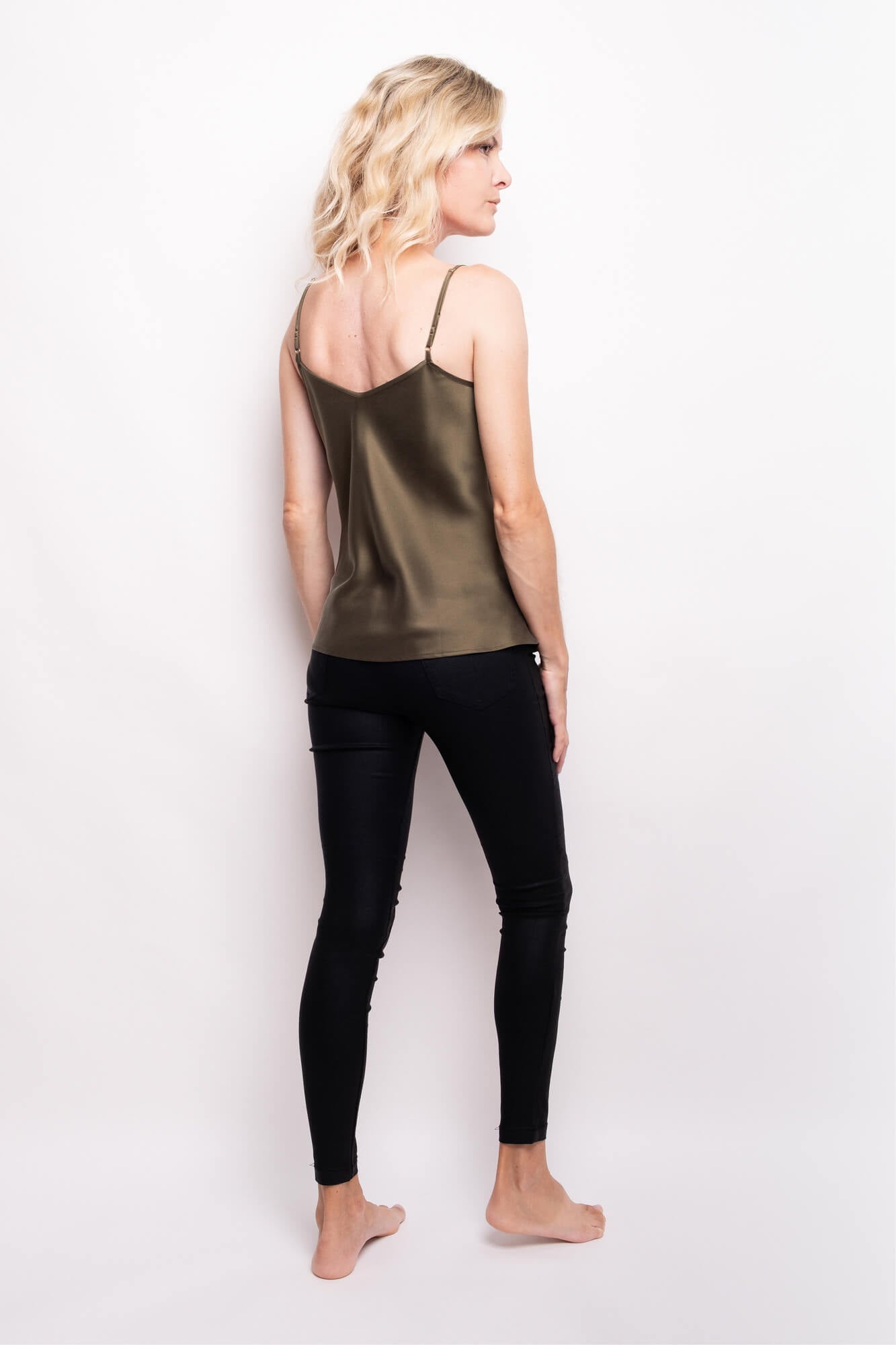 Back view of pine green mulberry silk camisole – LS Silk NZ