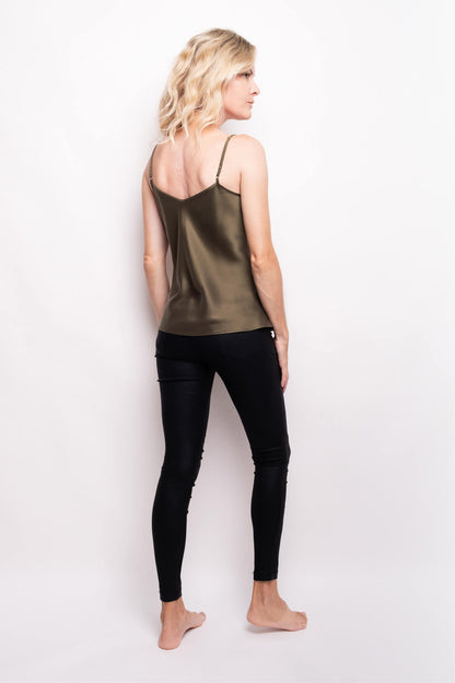 Back view of pine green mulberry silk camisole – LS Silk NZ
