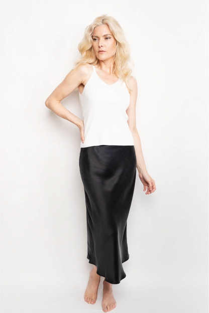 Model in white camisole and black bias-cut silk midi skirt – LS Silk NZ