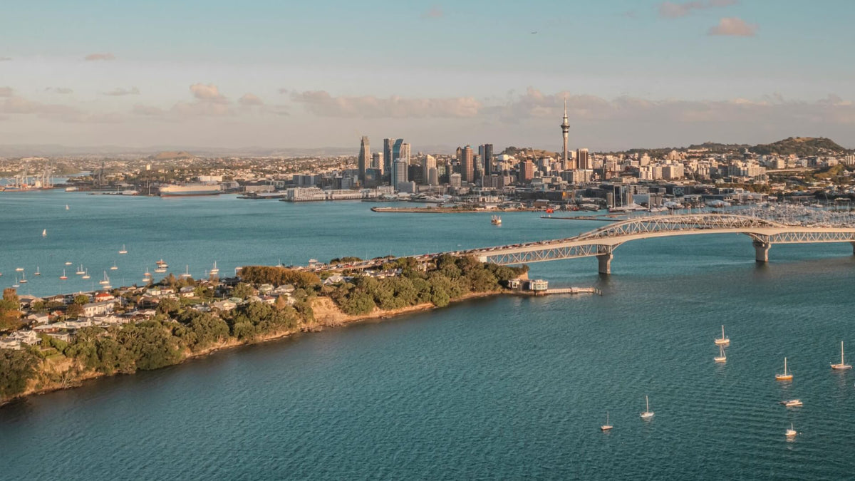 Auckland harbour and city skyline on a calm, clear day