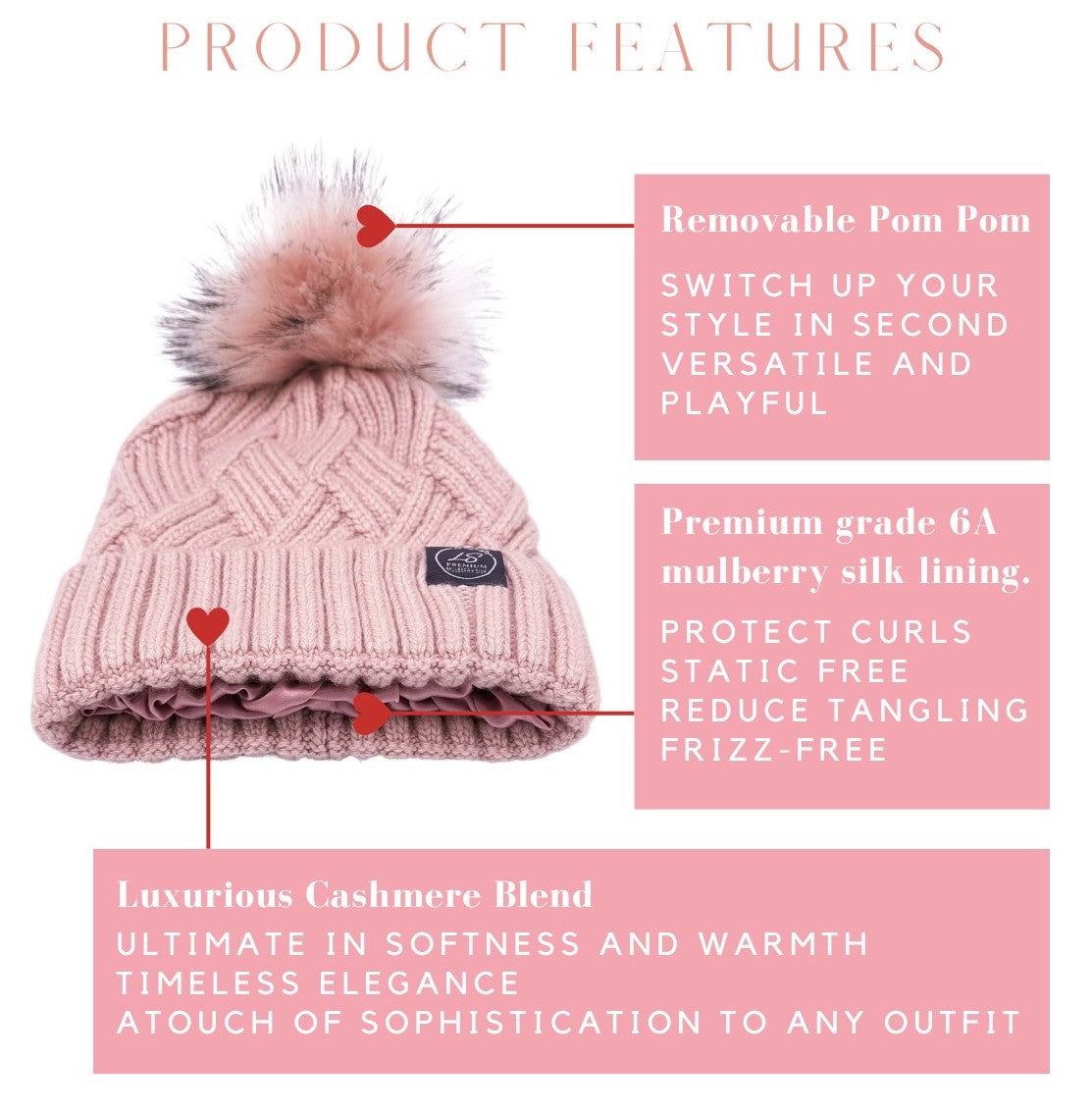 Silk-lined beanie features: removable pom pom, silk lining, cashmere blend – LS Silk NZ