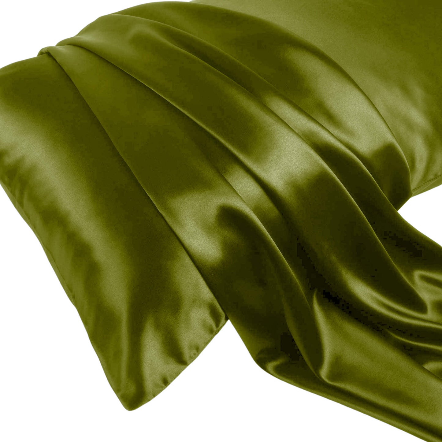 Olive green silk pillowcase draped to show smooth satin sheen – LS Silk NZ
