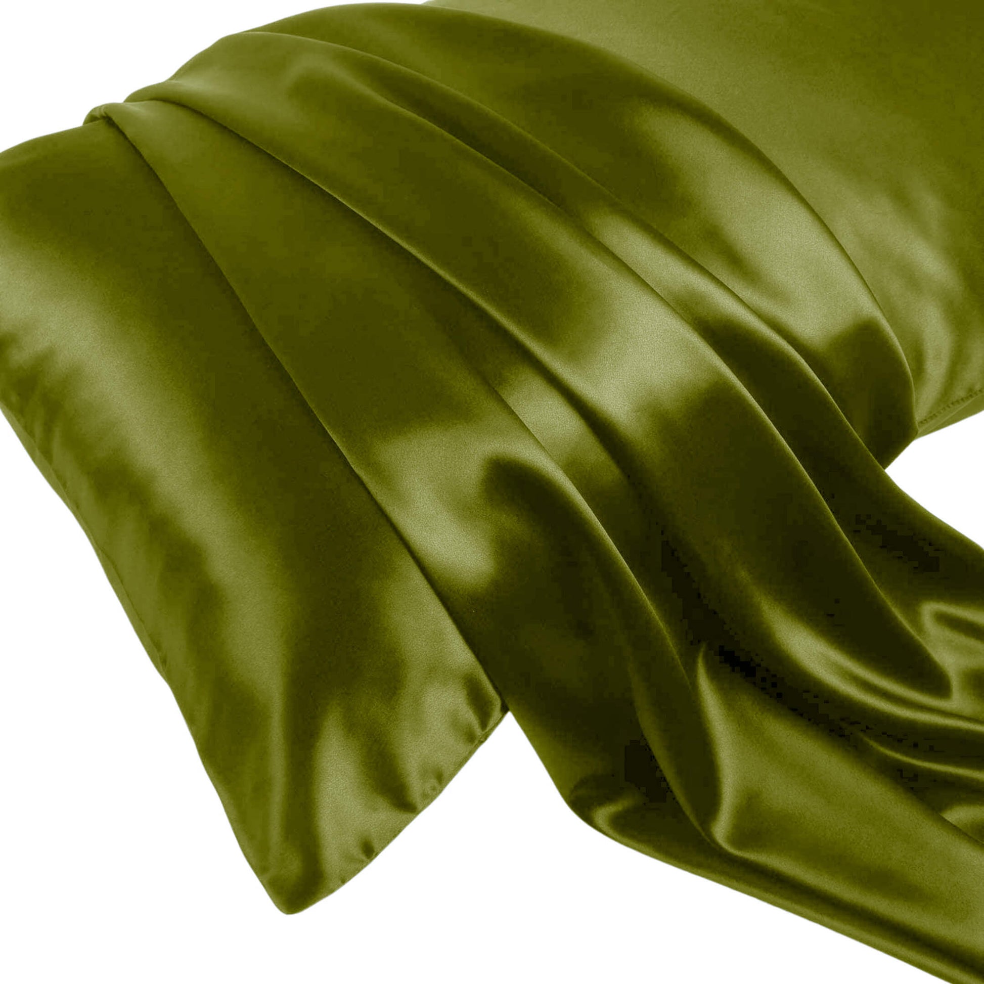Olive green silk pillowcase draped to show smooth satin sheen – LS Silk NZ