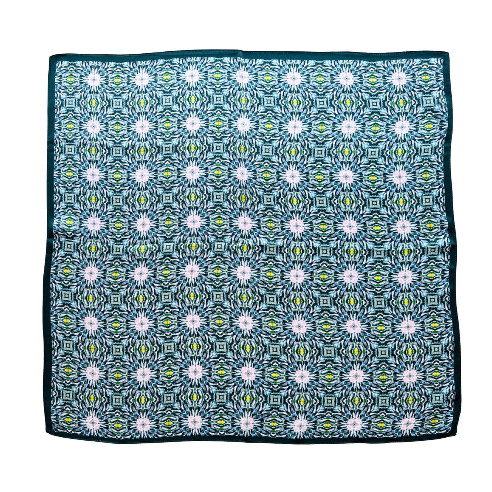 Daisy Mirage green patterned silk square scarf, full print view – LS Silk NZ