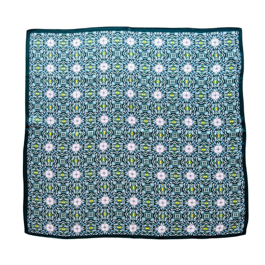 Daisy Mirage green patterned silk square scarf, full print view – LS Silk NZ