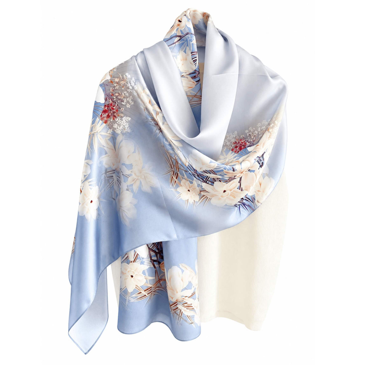 Blue Magnolia Pure Mulberry Silk Extra Large Long Scarf