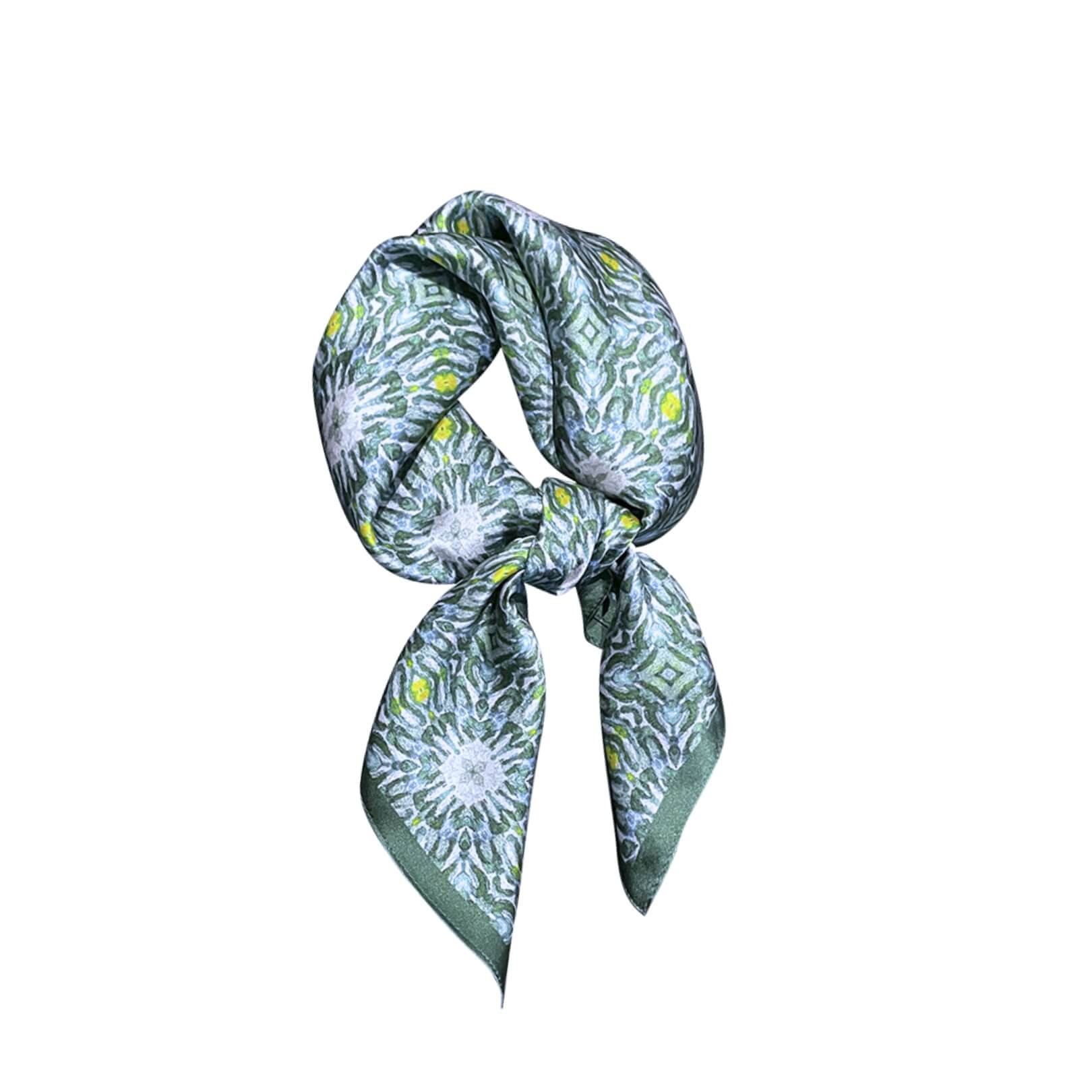 Daisy Mirage silk scarf tied in a bow – LS Silk NZ