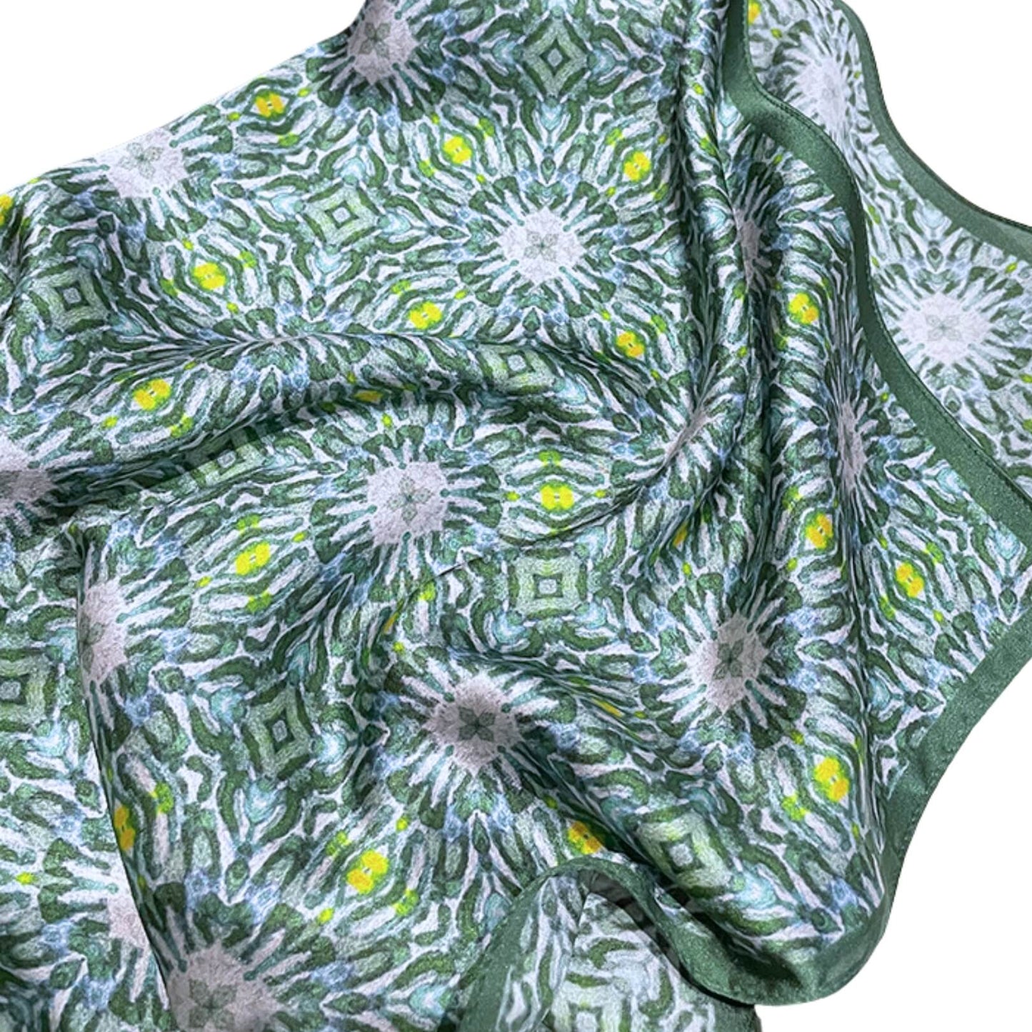 Close-up of Daisy Mirage silk scarf daisy print draped – LS Silk NZ