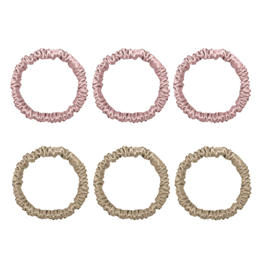 Six mini silk scrunchies in pink and champagne – LS Silk NZ