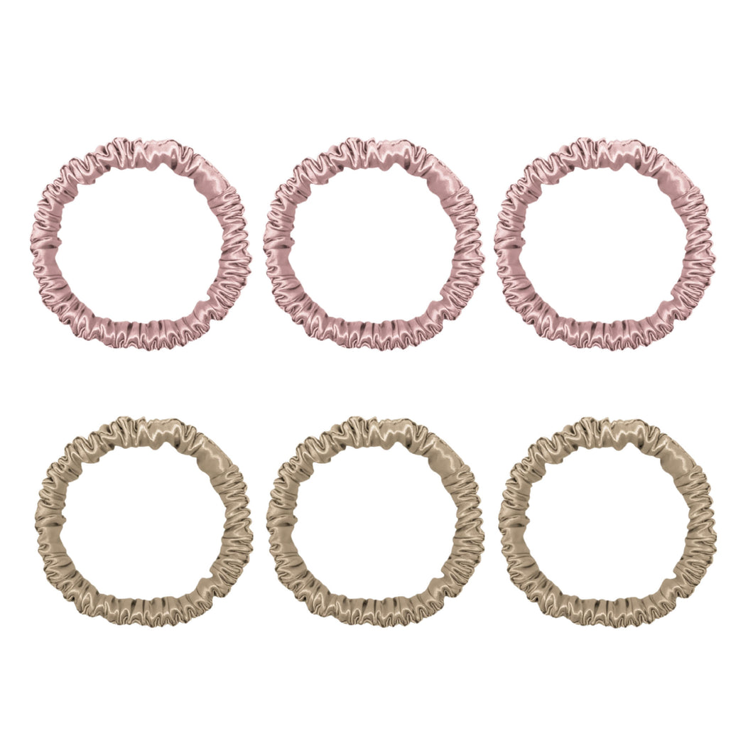 6 Pack Premium Mini Mulberry Silk Scrunchies - Champagne & Pink