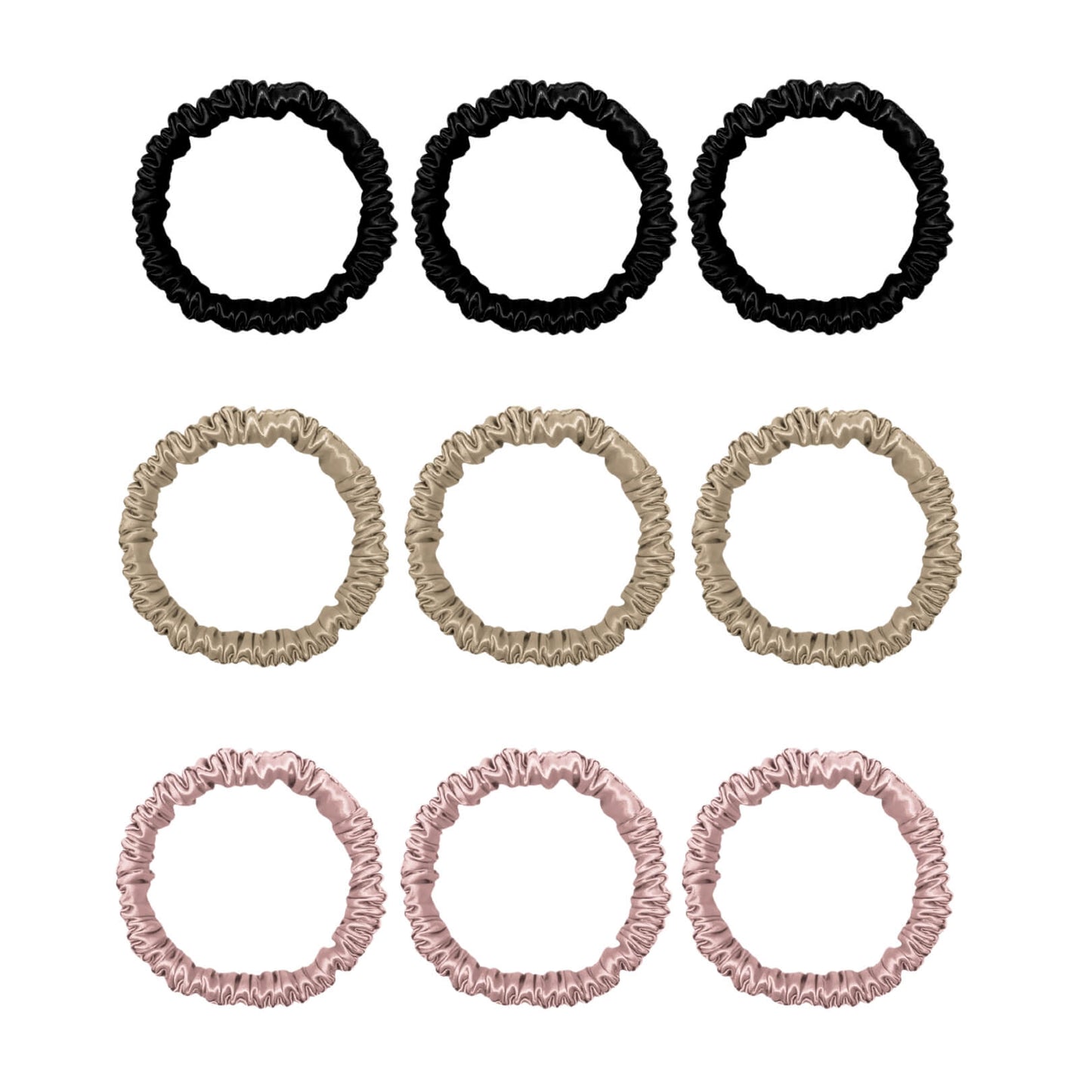 Nine mini silk scrunchies in black, champagne and pink – LS Silk NZ