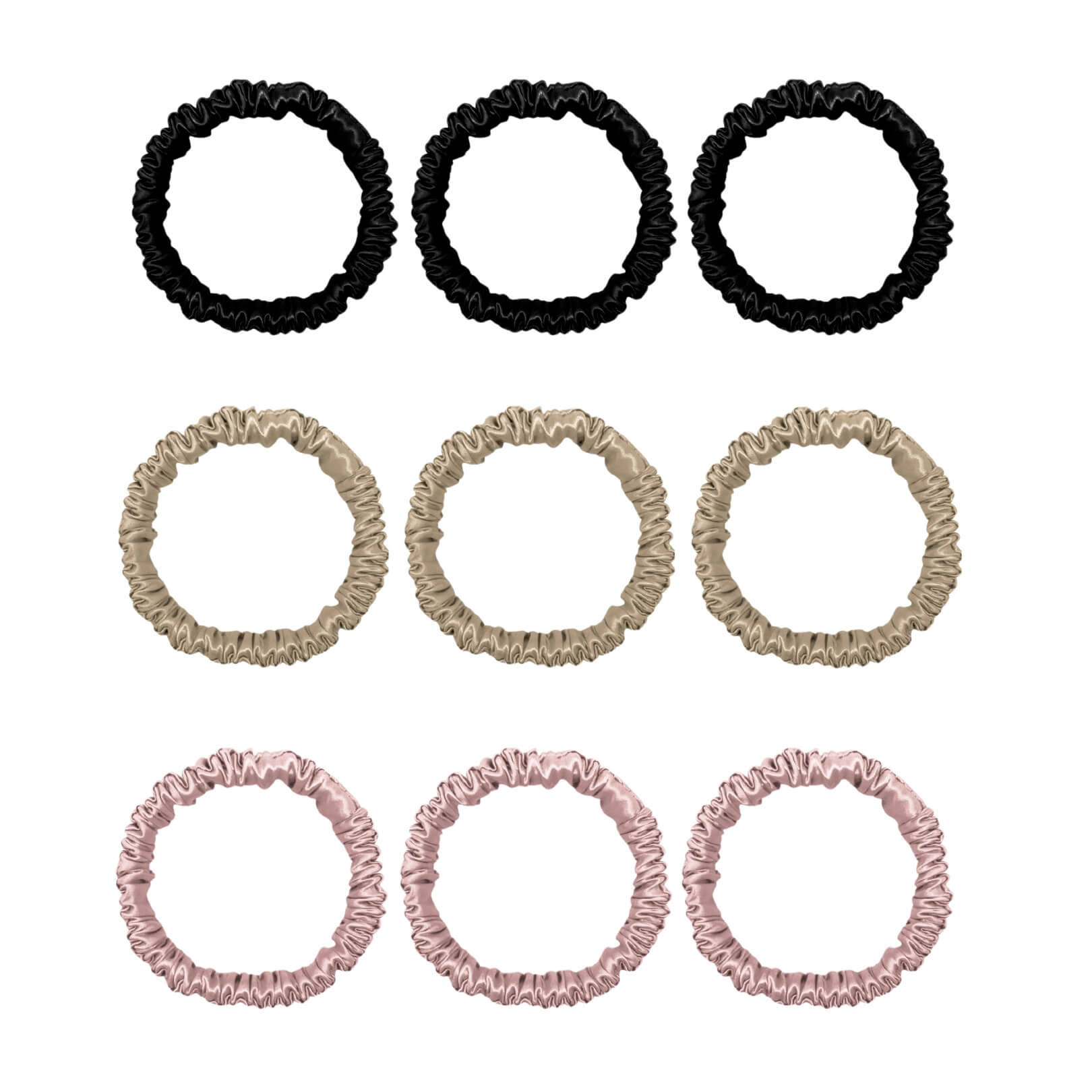 Nine mini silk scrunchies in black, champagne and pink – LS Silk NZ