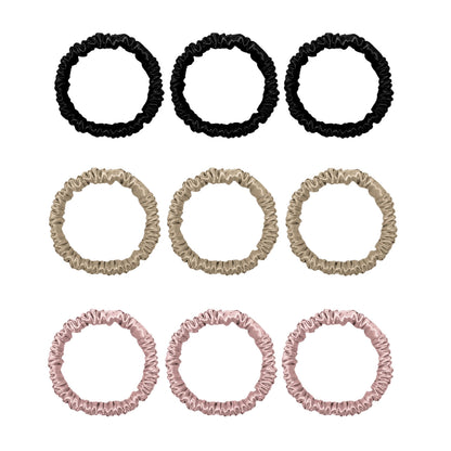 Nine mini silk scrunchies in black, champagne and pink – LS Silk NZ