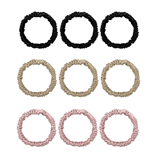 Nine mini silk scrunchies in black, champagne and pink – LS Silk NZ