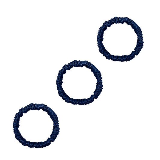 Three navy blue mini mulberry silk scrunchies – LS Silk NZ