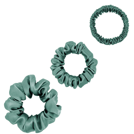 Sage green silk scrunchies trio in mini, small and medium – LS Silk NZ
