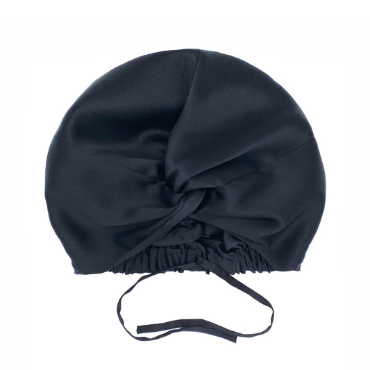 Black double-lined mulberry silk hair bonnet with adjustable ties – LS Silk NZ