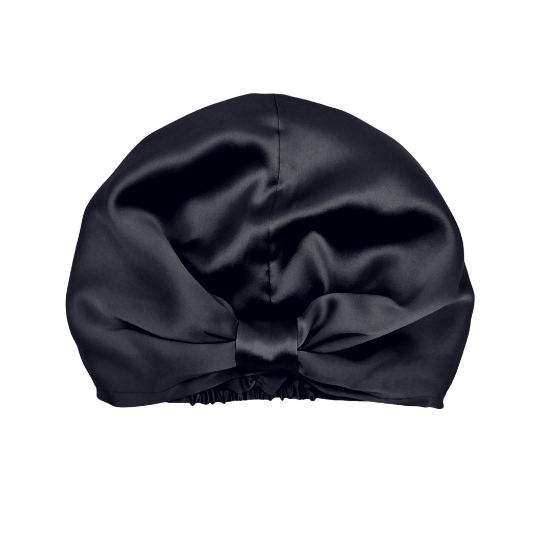 Premium Mulberry Silk Sleep Cap Women's Silk Sleep Turban Hair Wrap Bonnet - Black -One Size Fits Most