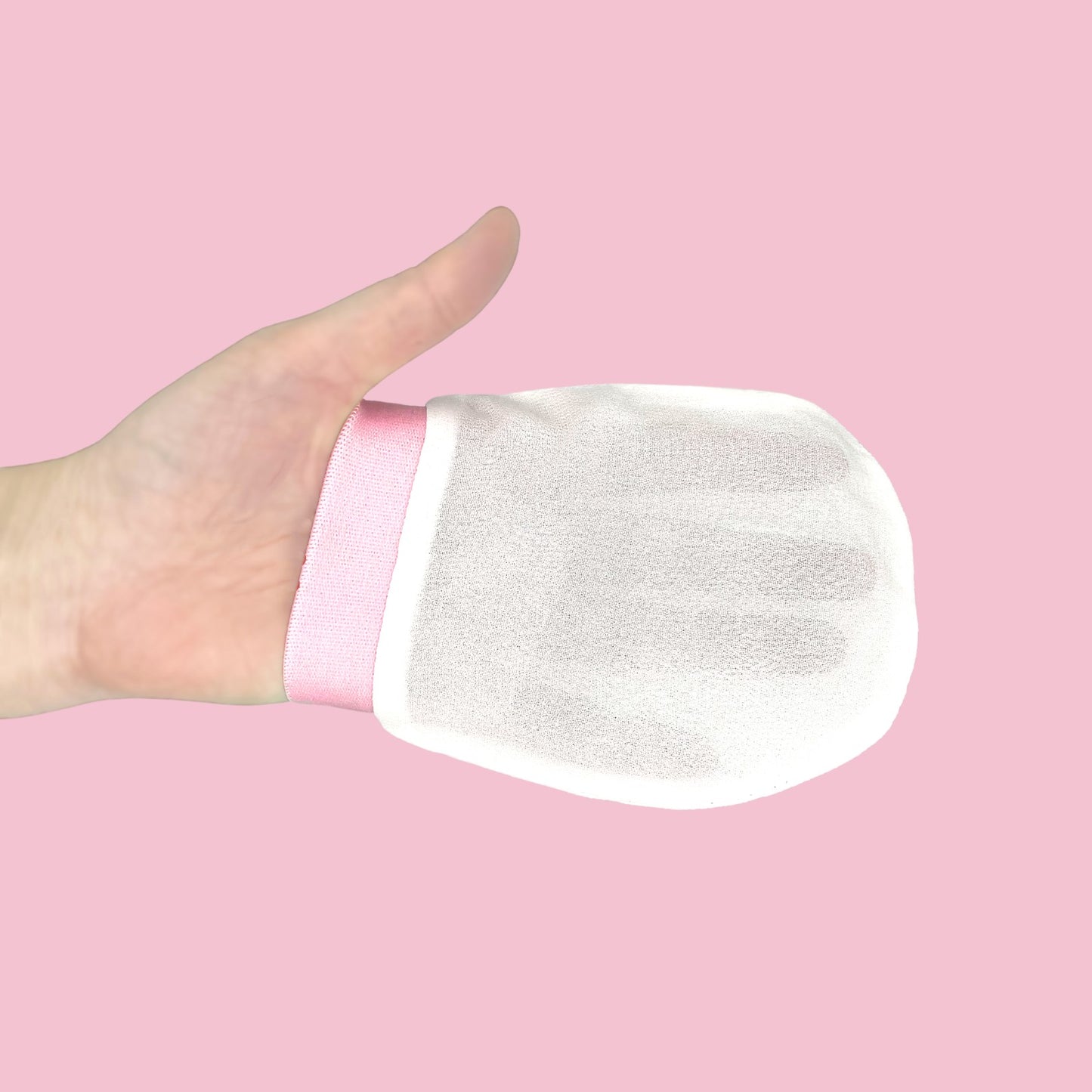 Close-up of silk exfoliating mitt pink cuff and loop – LS Silk NZ