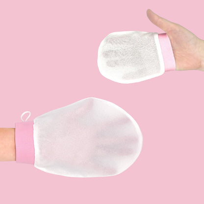 White silk exfoliating mitt on hand, close view – LS Silk NZ
