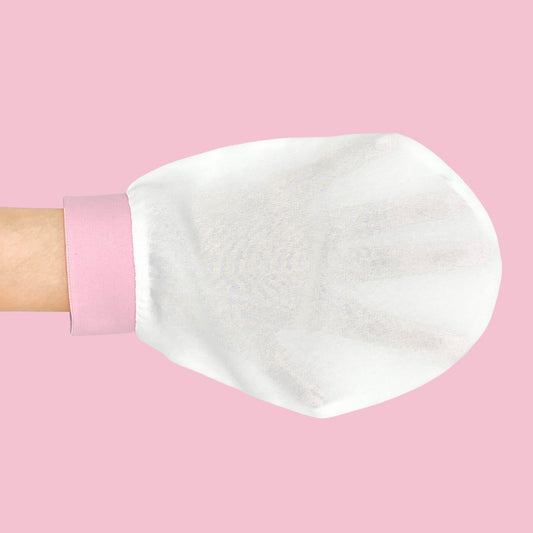 White raw silk exfoliating glove worn on hand – LS Silk NZ