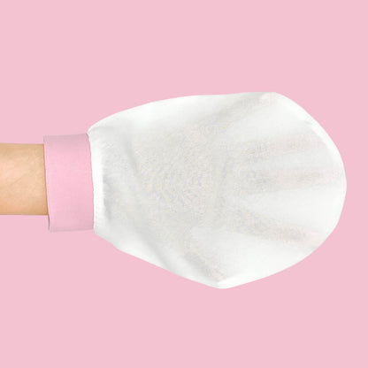 White raw silk exfoliating mitt worn on hand – LS Silk NZ