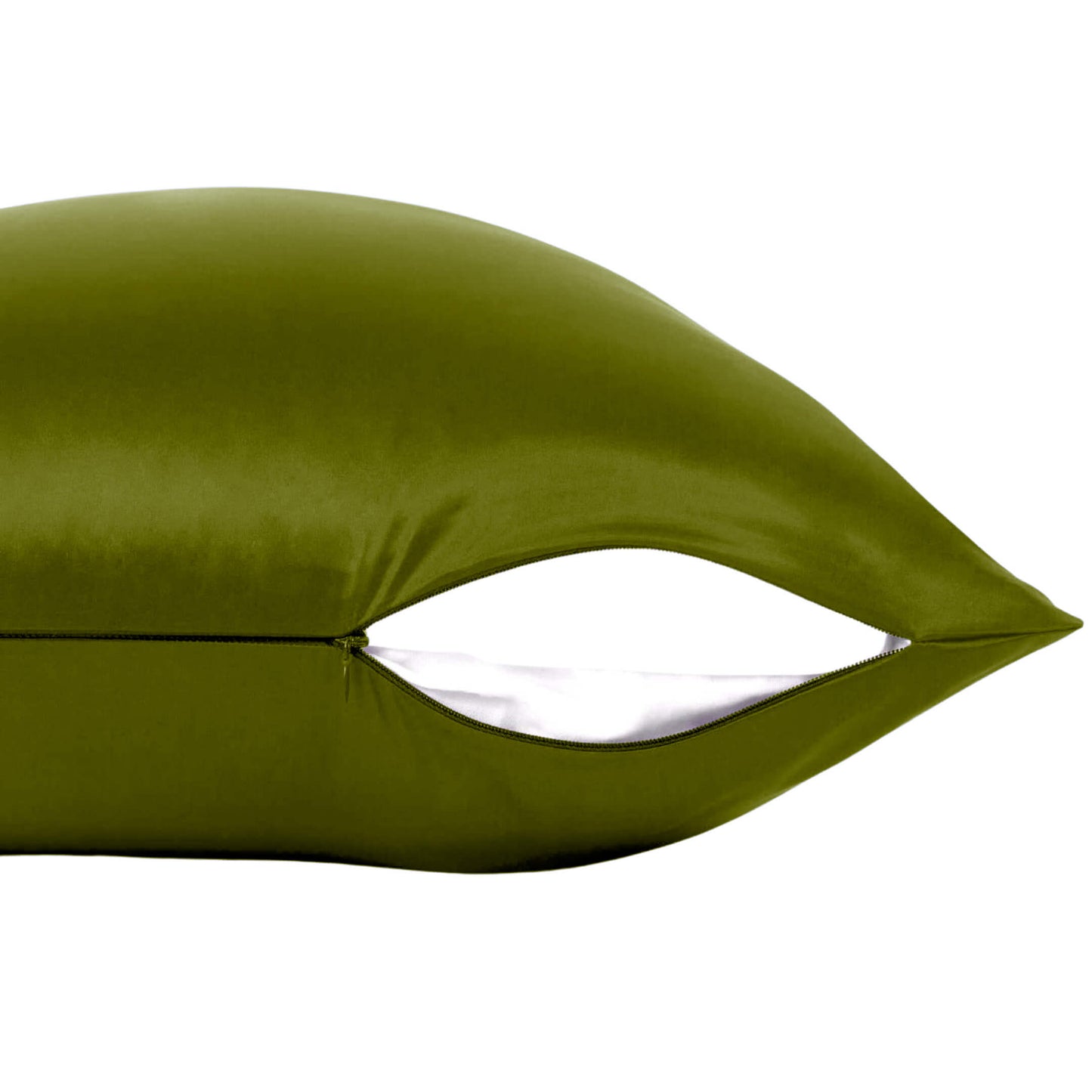 Olive silk pillowcase corner showing concealed zipper – LS Silk NZ