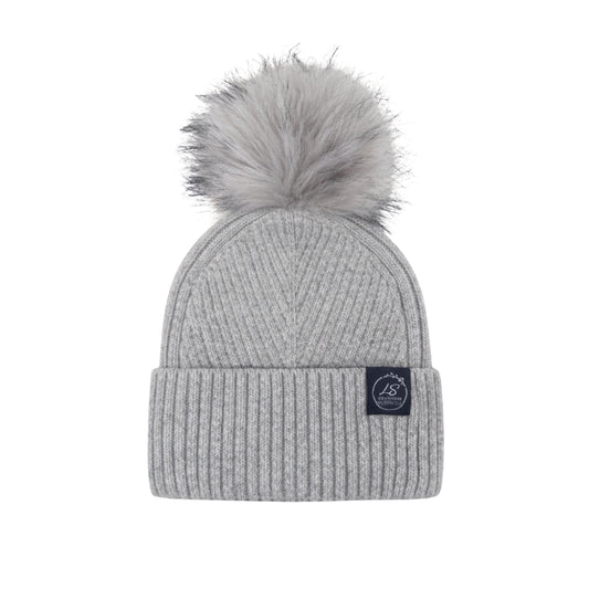 Grey ribbed cashmere-blend beanie with removable faux fur pom pom – LS Silk NZ