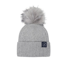 Load image into Gallery viewer, Mulberry Silk-Lined Slim Ribbed Beanie – Cashmere Blend with Removable Pom Pom -Grey
